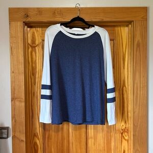 Long sleeve blue and white t-shirt.